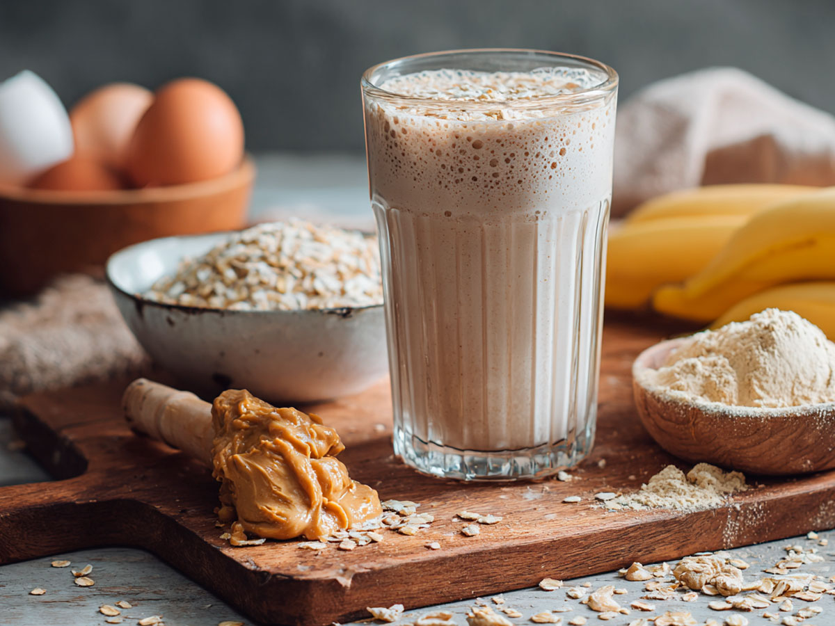 Batido casero de plátano, avena y mantequilla de cacahuete para ganar masa muscular.