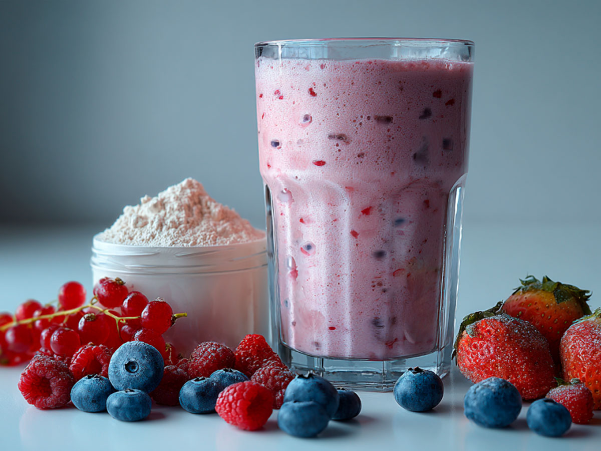 Batido de frutos rojos con yogur natural y proteína en polvo antes de entrenar.