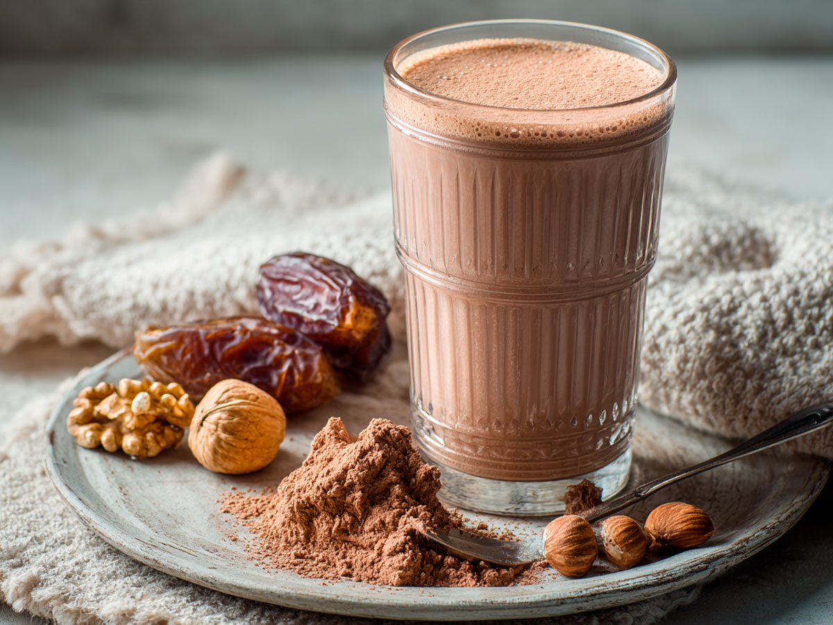  Batido casero de cacao puro, frutos secos y dátiles para aumentar músculo.