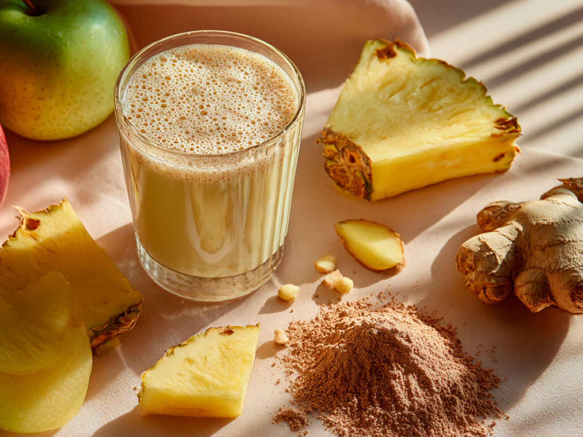 Batido natural de piña, jengibre y bebida de avena para recuperar después del ejercicio.