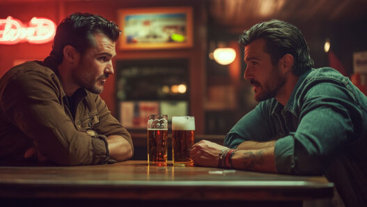 Dos hombres bebiendo cerveza en un bar