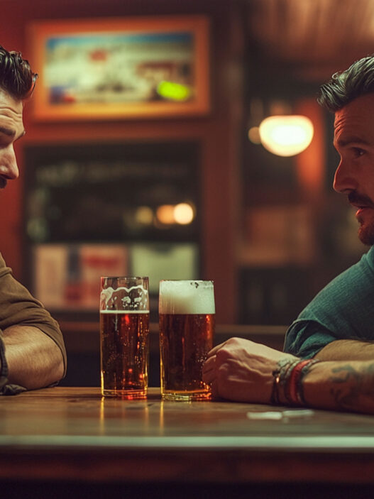 Dos hombres bebiendo cerveza en un bar