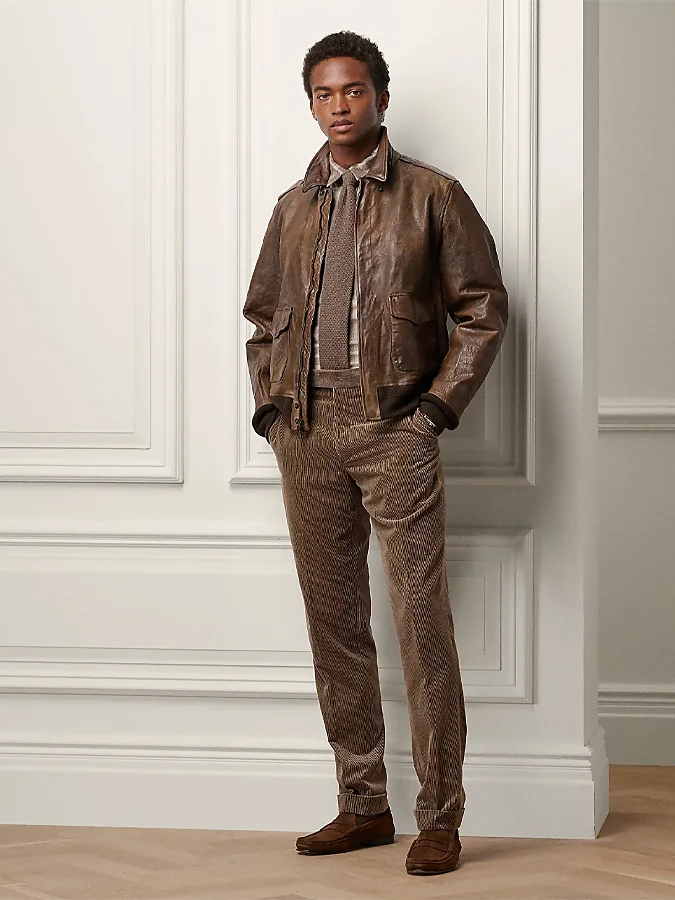 Look otoñal de Polo Ralph Lauren para hombre con chaqueta de cuero marrón