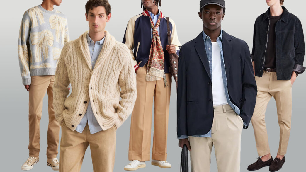 Cinco modelos masculinos vestidos con pantalón beige y diferentes combinaciones.