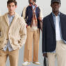 Cinco modelos masculinos vestidos con pantalón beige y diferentes combinaciones.