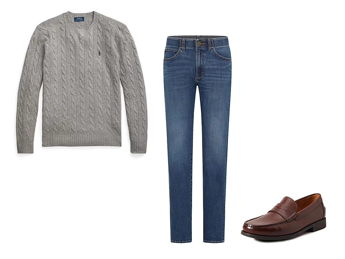 Outfit con jersey gris, vaqueros y mocasines marrones