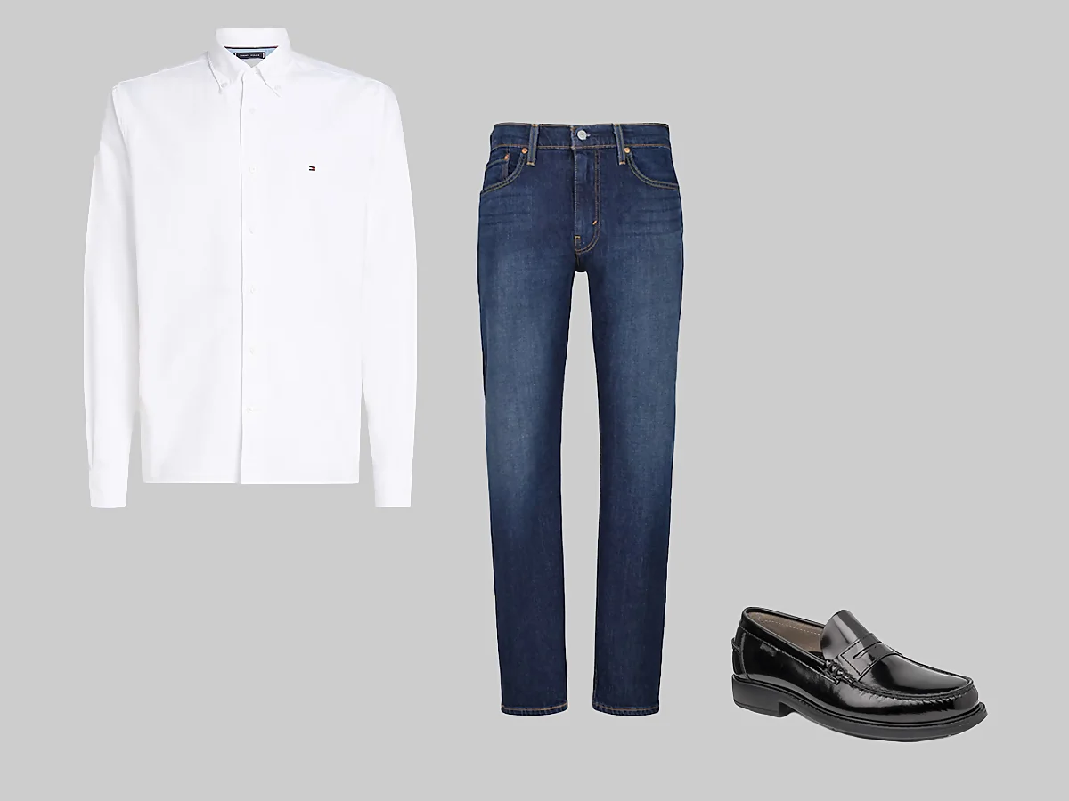 outfit con camisa blanca, vaqueros y mocasines negros