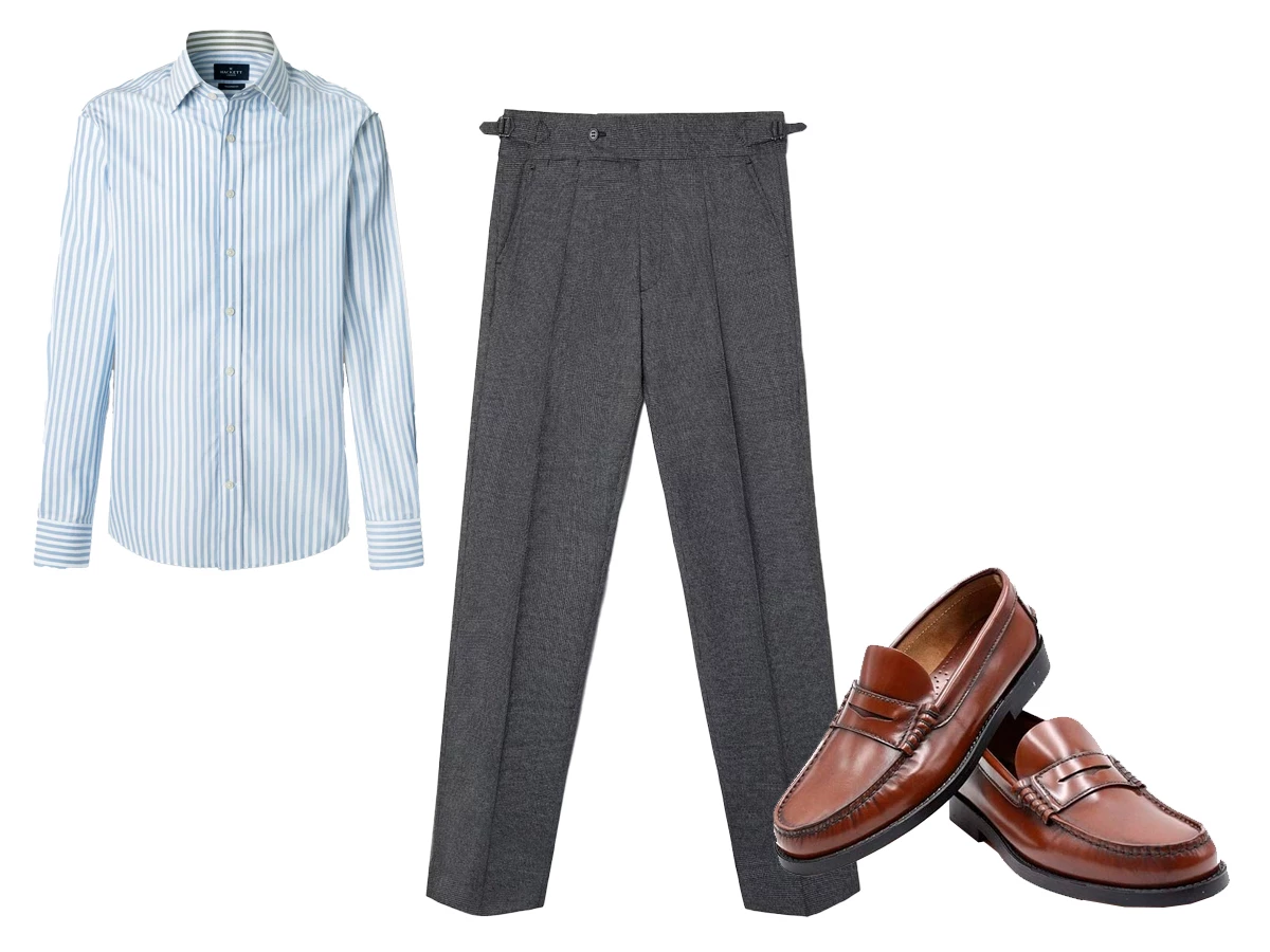Combinar pantalón gris de hombre con camisa de rayas azules y castellanos marrones