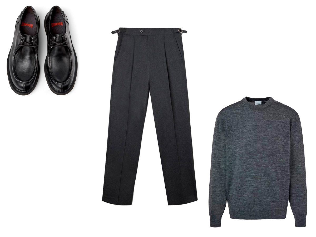 Look para combinar el pantalón gris con un jersey gris y zapatos