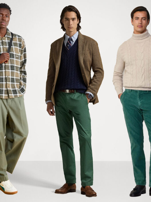 Outfits que combinan el pantalón verde con prendas como camisas a cuadros, jerseys y sudaderas