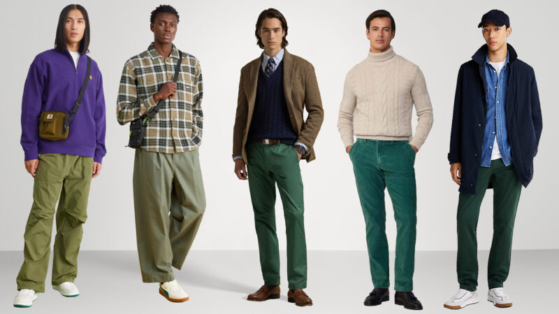 Outfits que combinan el pantalón verde con prendas como camisas a cuadros, jerseys y sudaderas