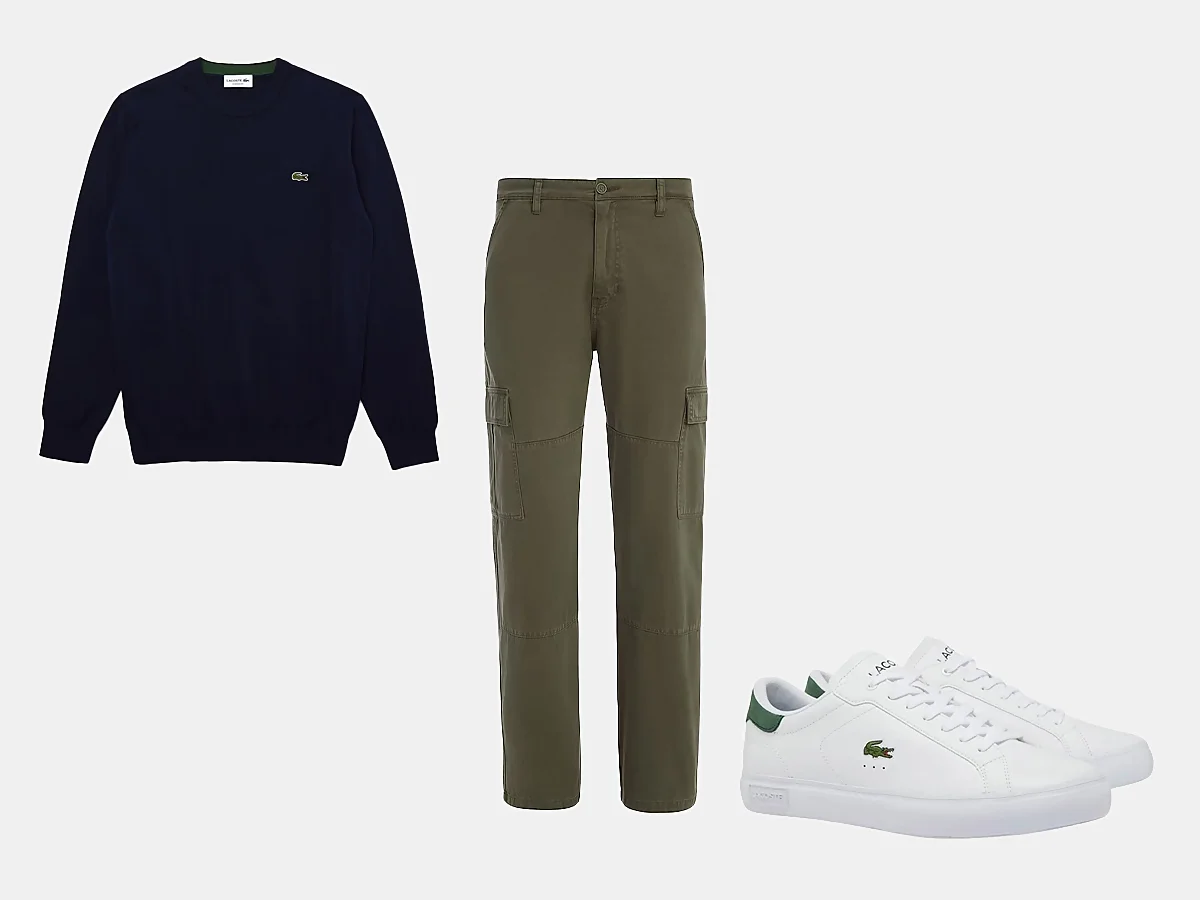 outfit con pantalones verdes cargo, zapatillas blancas y sudadera azul