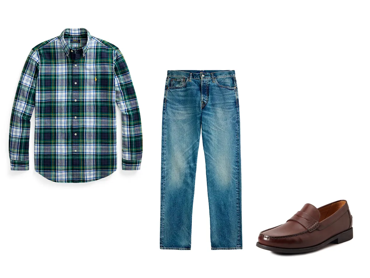 Camisa a cuadros, jeans y mocasines marrones