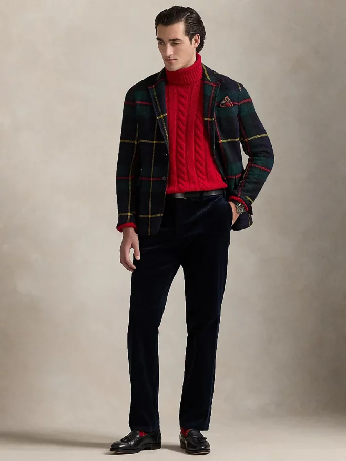 outfit con americana a cuadros de Polo y jersey rojo de navidad