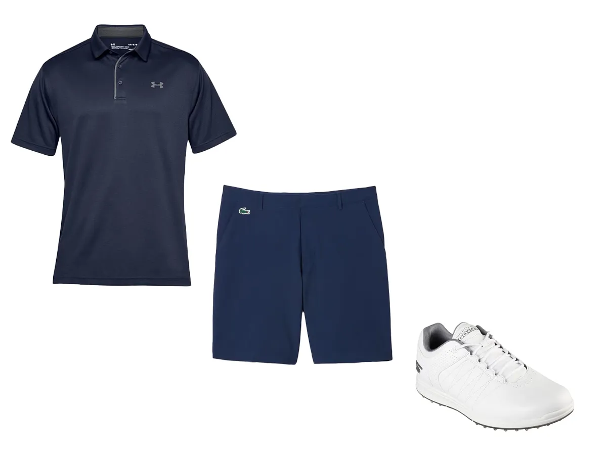 outfit con polo, pantalones cortos y zapatos de hombre para jugar al golf