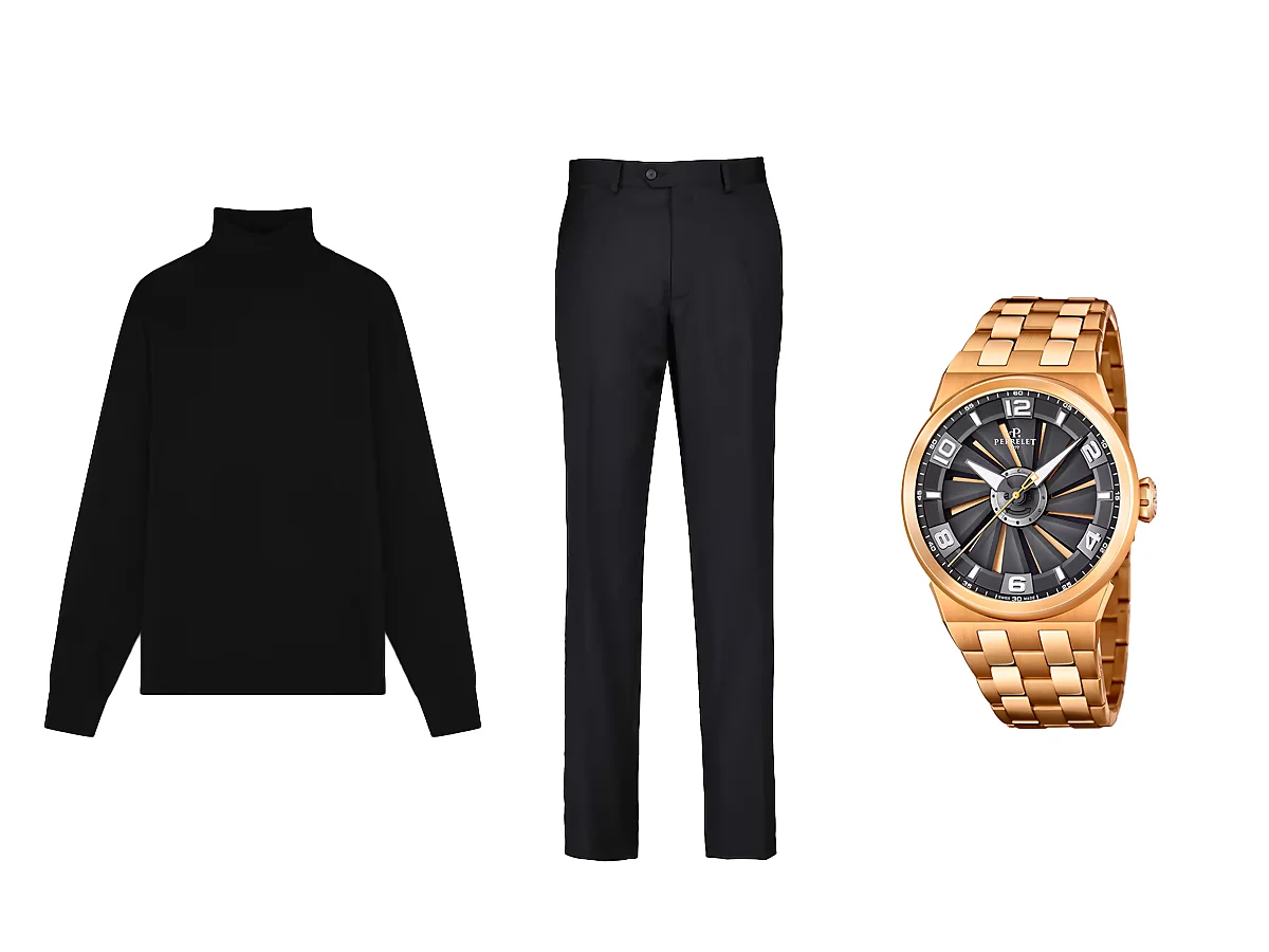 total black look con reloj dorado