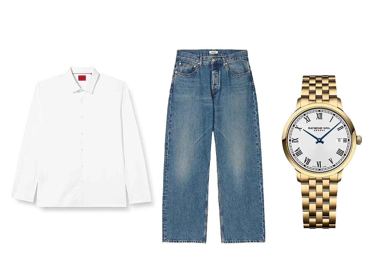 Outfit con camisa blanca, jeans y reloj dorado