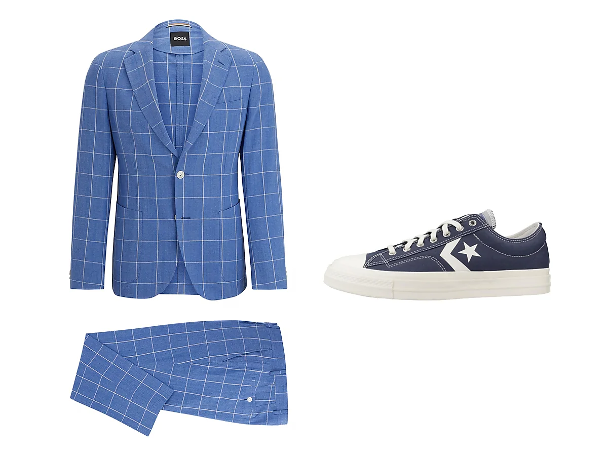 look con traje azul claro a cuadros y converse azules marinas