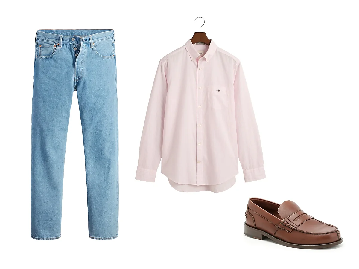 outfit con camisa y jeans claros para hombre