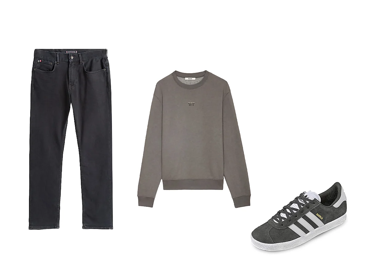 conjunto con sudadera gris, vaqueros oscuros y zapatillas grises