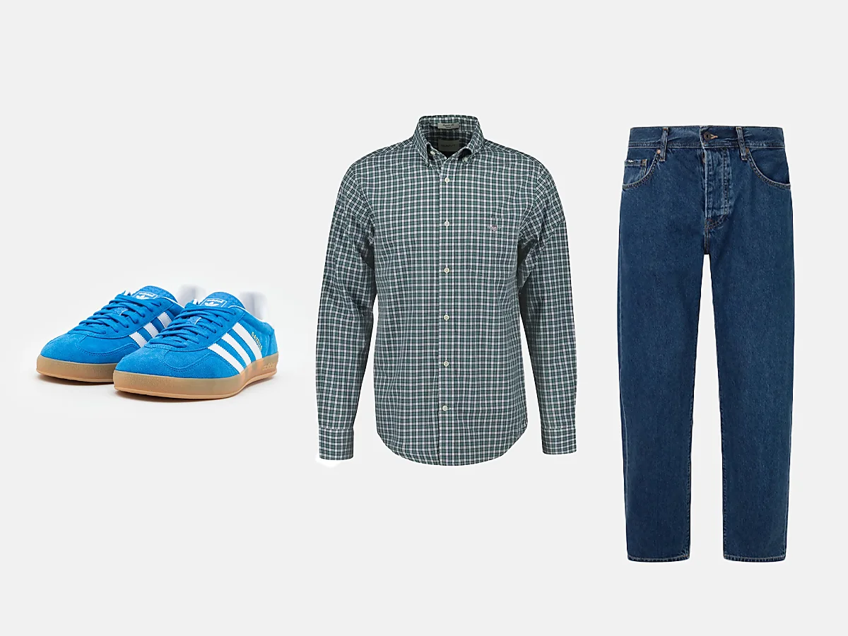 outfit con zapatillas azules, camisa de cuadros verde y vaqueros de hombre