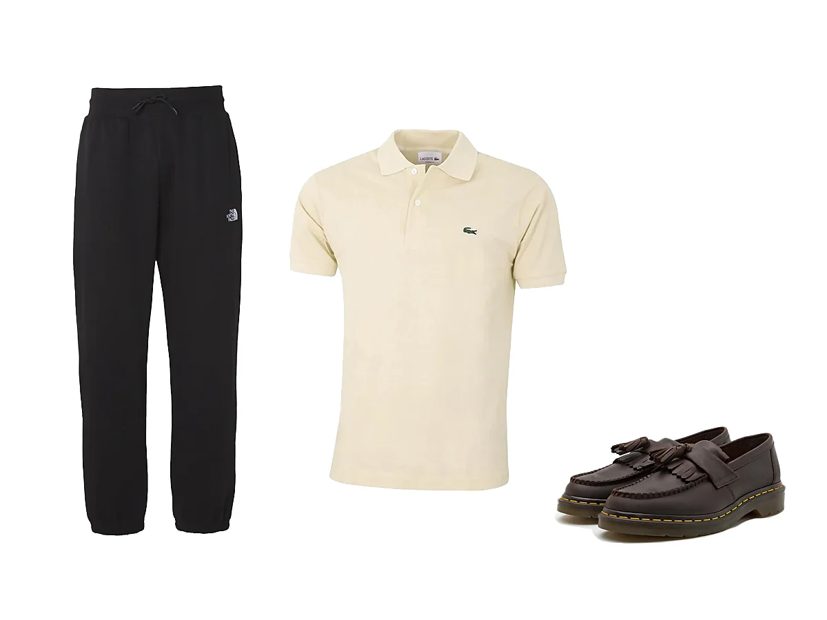 Outfit con joggers, polo y mocasines