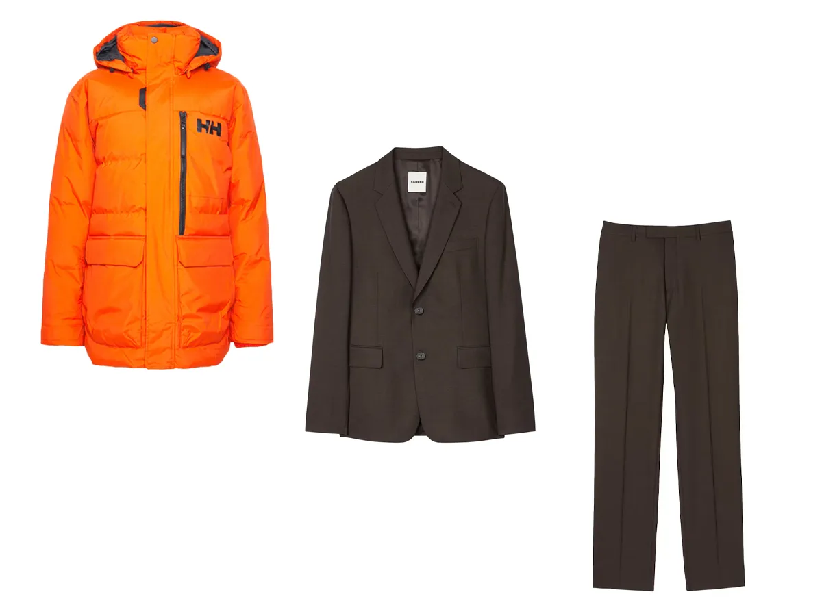 combinación de traje con chaqueta puffer naranja