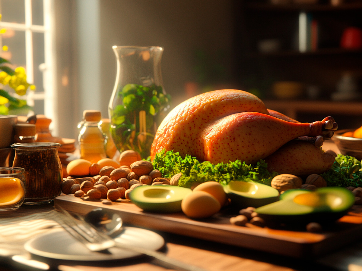 plato de comida sana con pavo, nueces, aguacate y pescado