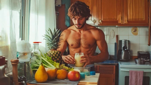 Hombre joven haciéndose un batido natural para desinflamar abdomen