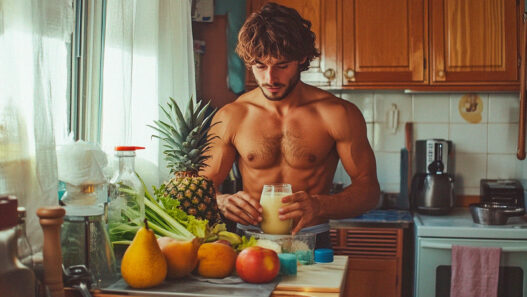 Hombre joven haciéndose un batido natural para desinflamar abdomen