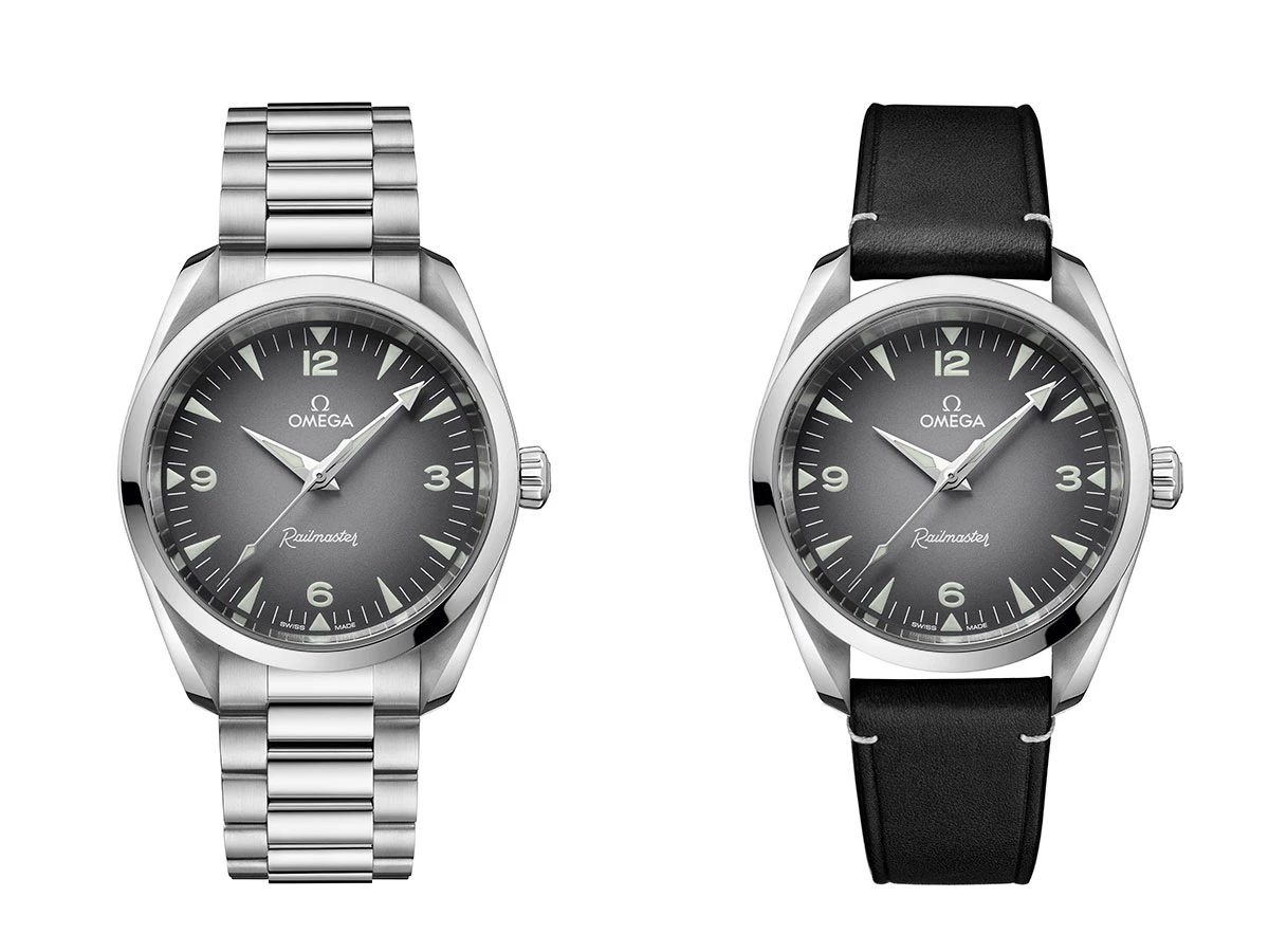 Modelos del reloj OMEGA Railmaster 2025 con la esfera en gris y negro