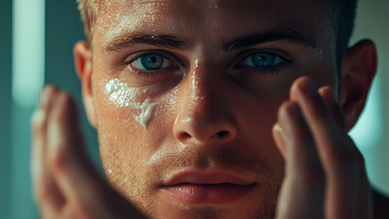 hombre aplicándose contorno de ojos