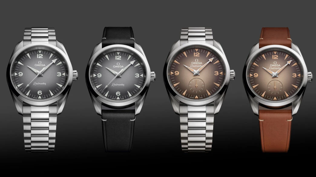Diferentes modelos del nuevo OMEGA Railmaster 2025 con correas de piel y de acero