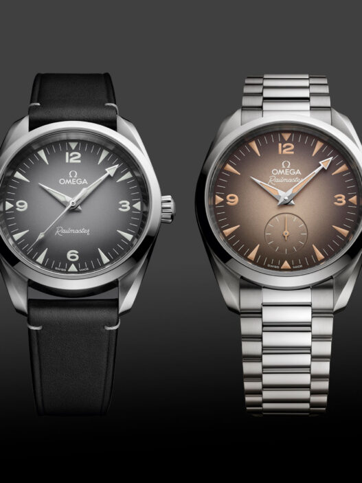 Diferentes modelos del nuevo OMEGA Railmaster 2025 con correas de piel y de acero