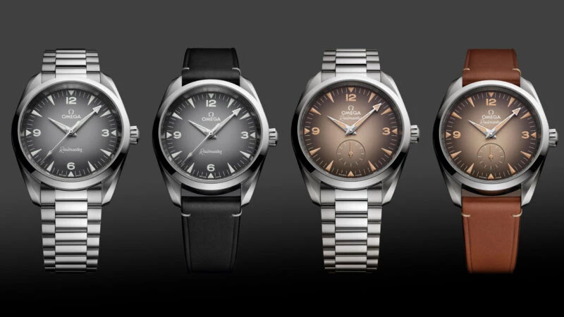Diferentes modelos del nuevo OMEGA Railmaster 2025 con correas de piel y de acero