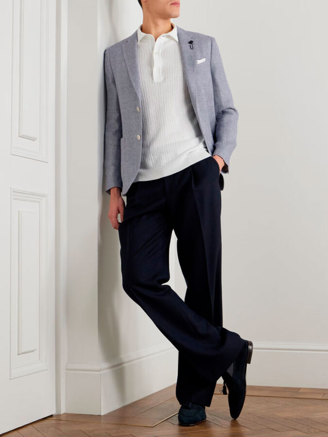 Outfit para combinar el polo blanco de hombre de la firma Lardini