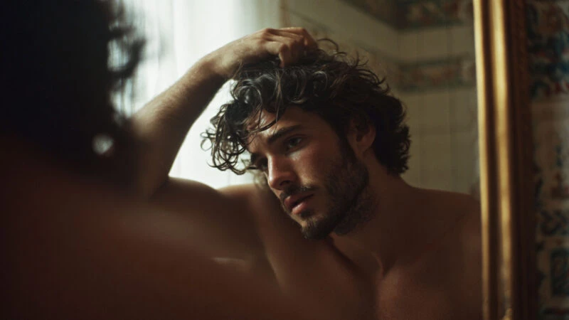 hombre peinándose con la mano frente al espejo