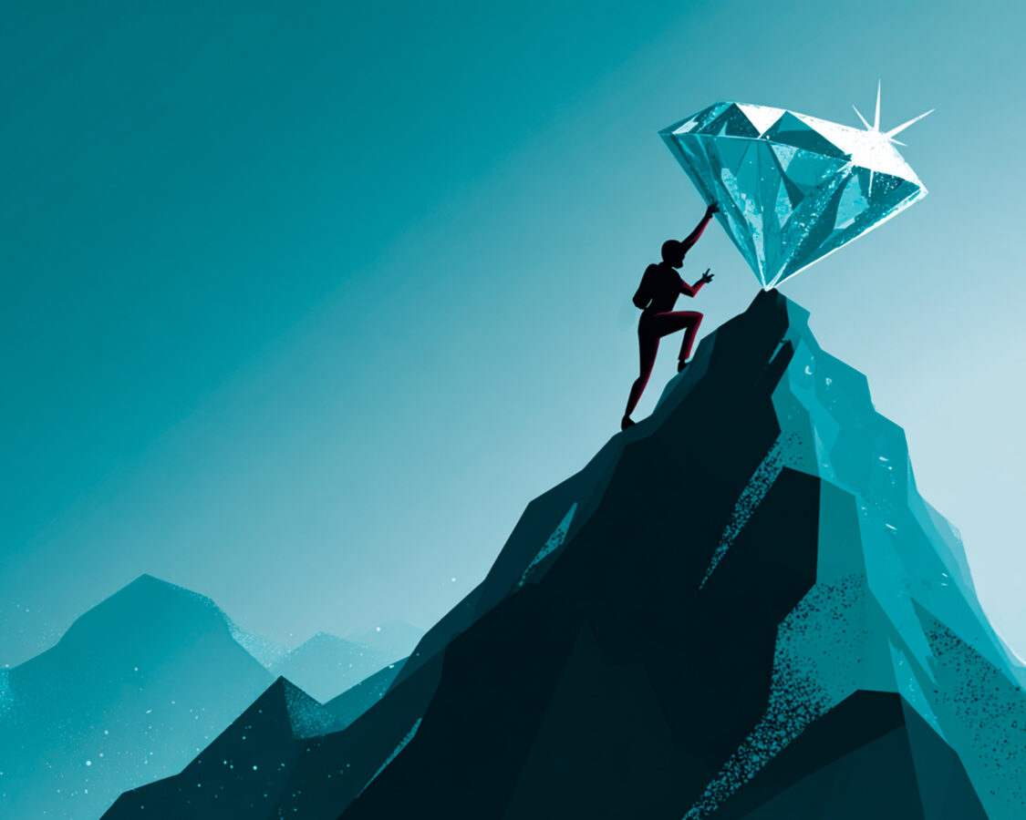 Ilustración de una persona escalando una montaña para alcanzar un diamante en la cima.