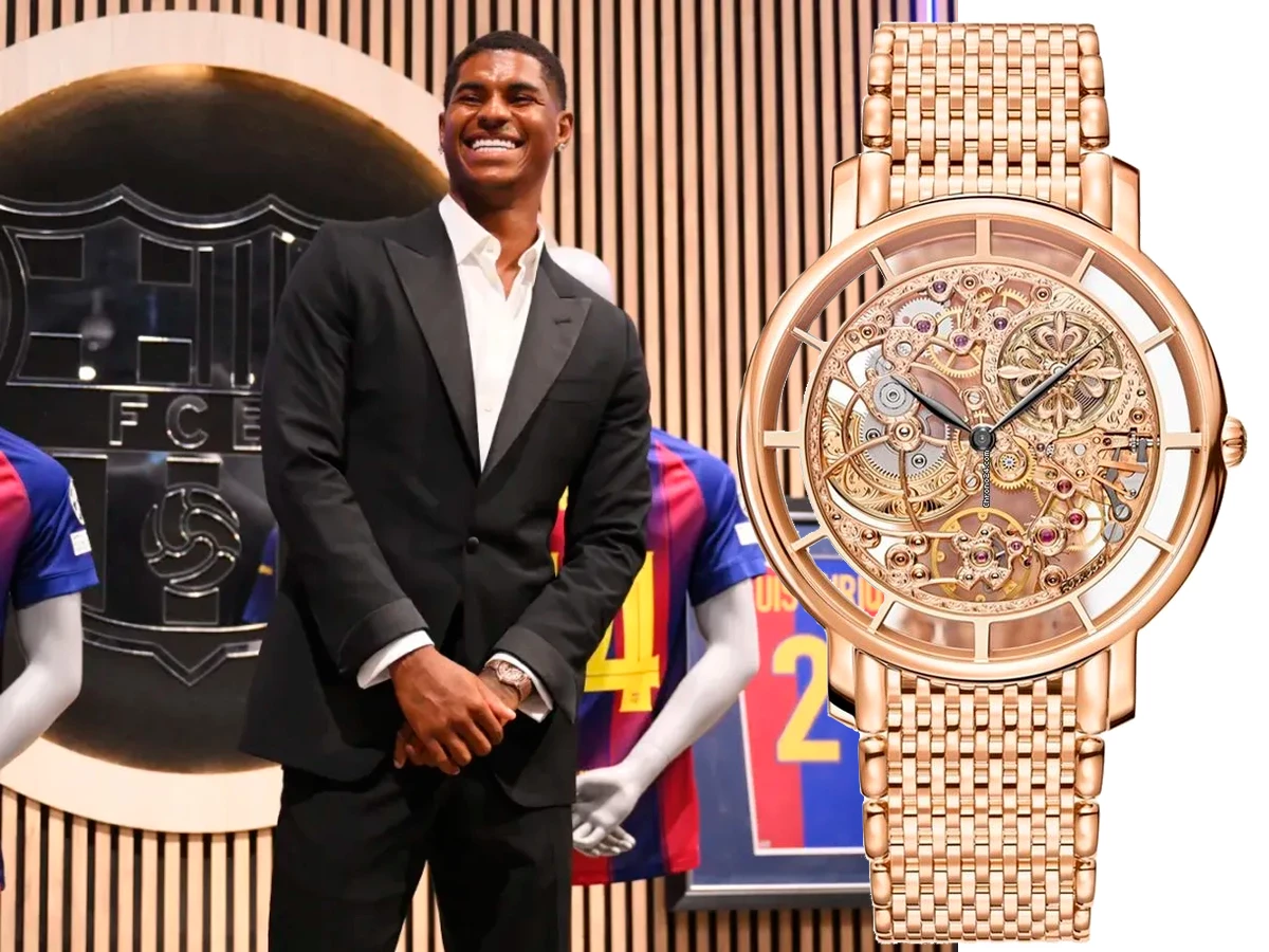 Marcus Rashford con un Patek Philippe Skeleton 5180/1R en su visita al Barça, julio de 2025