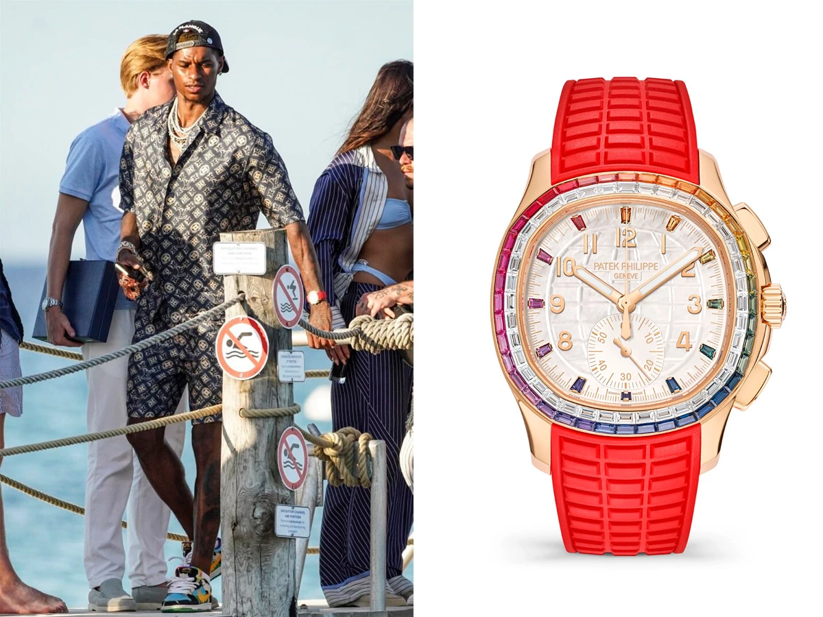 Marcus Rashford lleva un Patek Philippe Aquanaut Chronograph con correa roja en Ibiza, 2023