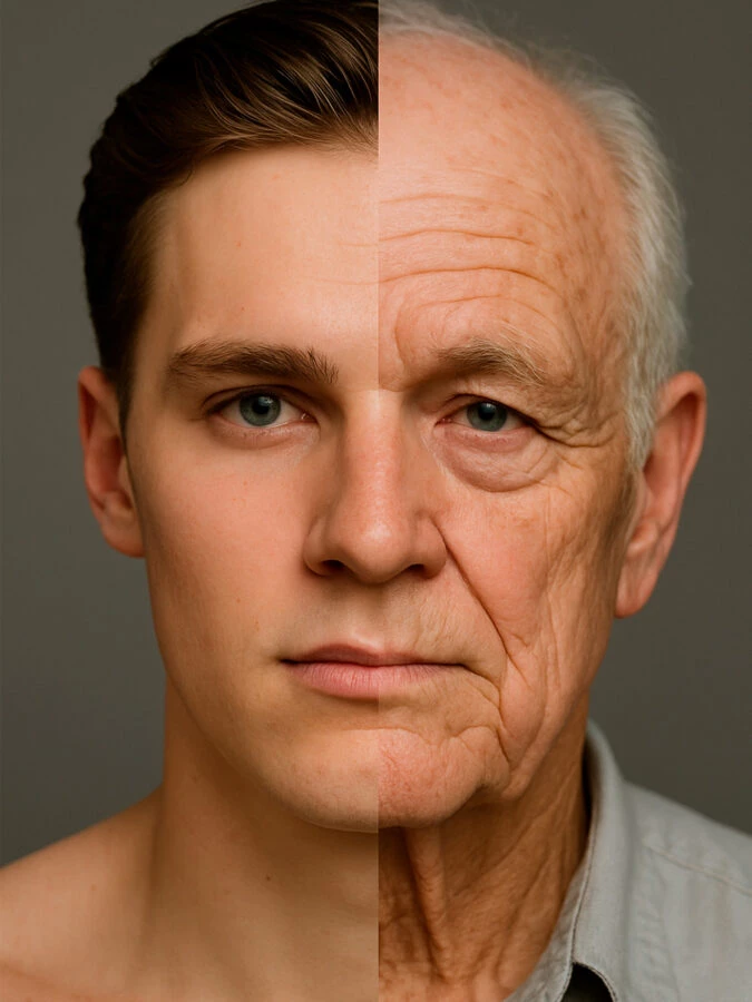 Retrato comparativo de un hombre joven y anciano fusionado en un solo rostro, simbolizando el envejecimiento