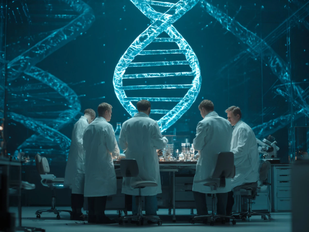 Científicos en laboratorio futurista analizando una doble hélice de ADN suspendida