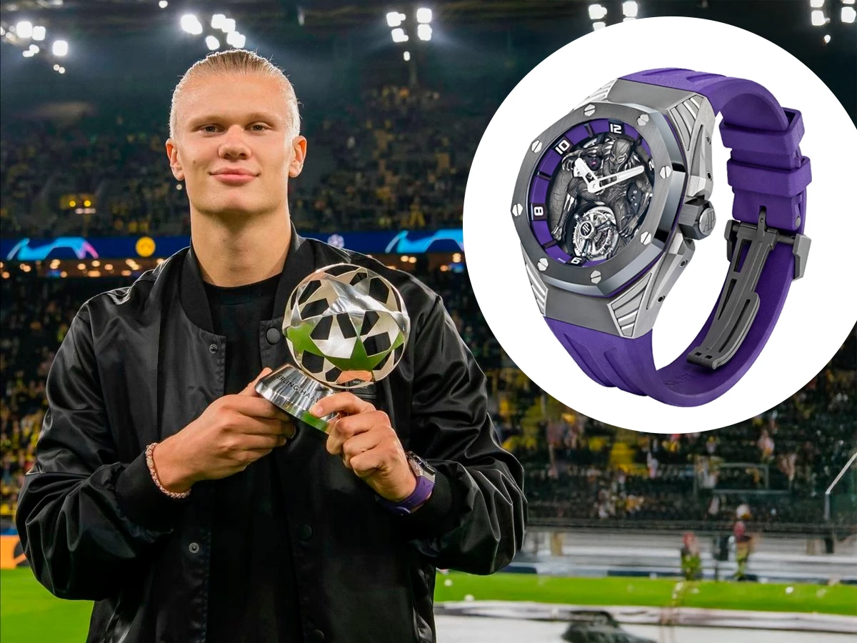 Erling Haaland con reloj Audemars Piguet Royal Oak Concept Flying Tourbillon GMT en caucho púrpura durante un partido con el Borussia Dortmund