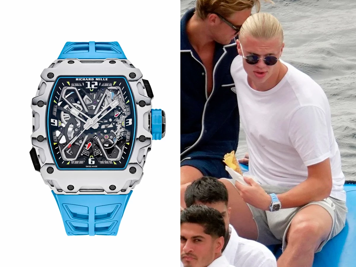 Erling Haaland de vacaciones con el reloj Richard Mille RM 35-03 Rafael Nadal en correa azul mientras come junto al mar
