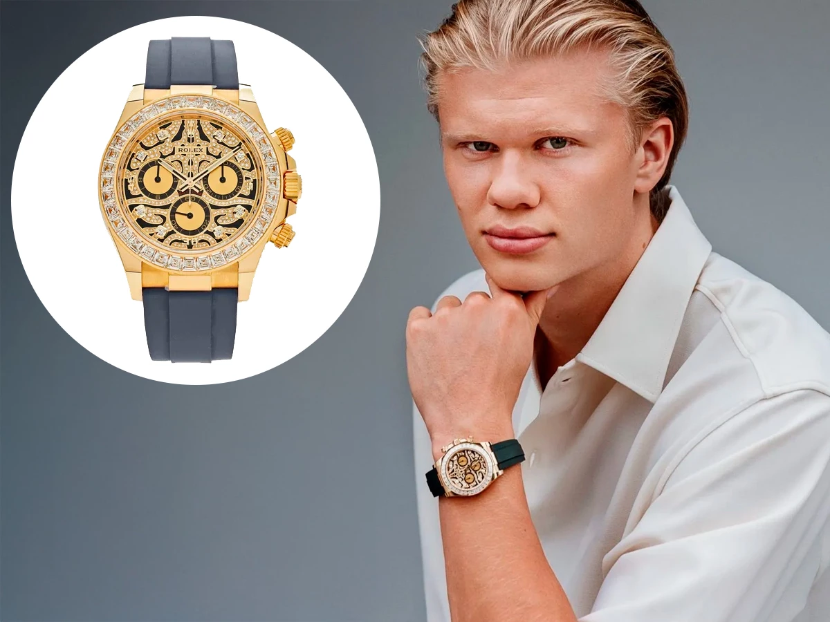 Erling Haaland en una sesión de fotos con el reloj Rolex Daytona Eye of the Tiger con bisel de diamantes y esfera decorada.