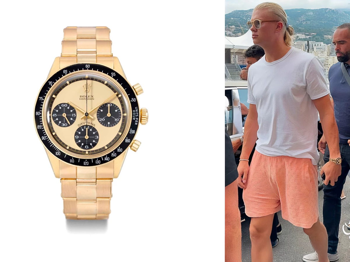 Erling Haaland caminando por Mónaco con el Rolex Daytona Paul Newman ref. 6264 John Player Special en oro amarillo.