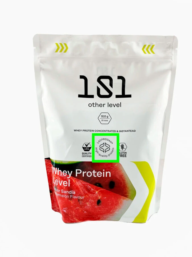 Sello de calidad Lacprodan en envase de proteína sabor sandía.