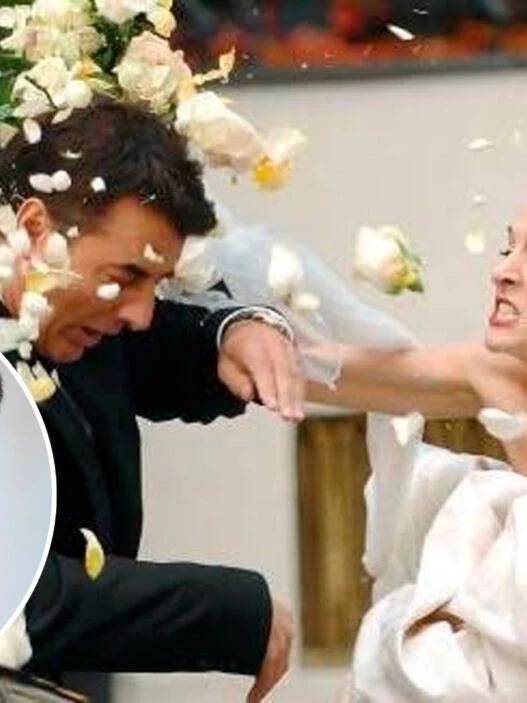 Escena de la película Sexo en Nueva York en la que Carrie, vestida de novia, está enfadada golpeando al novio el ramo, con retrato del psicólogo A. Carlos González.