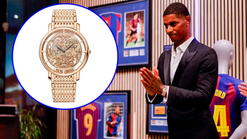 Marcus Rashford durante su presentación al Barça vistiendo un Patek Philippe en la muñeca
