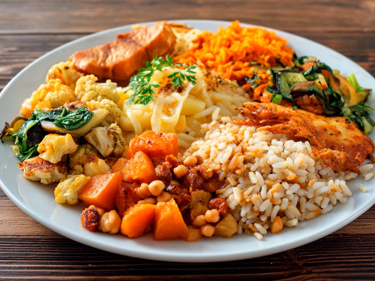 Almuerzo completo para aumentar masa muscular con arroz, legumbres, verduras, pescado y boniato para almuerzo post-entreno.
